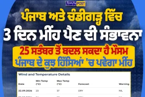 ਪੰਜਾਬ ਤੇ ਚੰਡੀਗੜ੍ਹ ਵਿੱਚ 3 ਦਿਨ ਮੀਂਹ ਦੀ ਸੰਭਾਵਨਾ, ਮੌਸਮ ਵਿਭਾਗ ਵੱਲੋਂ ਅਪਡੇਟ